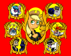 Size: 3800x3000 | Tagged: safe, artist:kingofboars, artist:plankboy, character:applejack, character:dj pon-3, character:doctor whooves, character:octavia melody, character:prince blueblood, character:shining armor, character:sweetie belle, character:time turner, character:vinyl scratch, aerosmith, bruno buccellati, crossover, giorno giovanna, gold experience, golden wind, guido mista, jojo's bizarre adventure, leone abbachio, liarjack, moody blues, narancia ghirga, pannacotta fugo, parasprite, parody, purple haze (jojo's bizarre adventure), sex pistols, spice girl, stand, sticky fingers, trish una, vento aureo