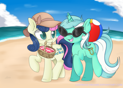 Size: 2100x1500 | Tagged: safe, artist:lustrous-dreams, character:bon bon, character:lyra heartstrings, character:sweetie drops, species:earth pony, species:pony, species:unicorn, ball, basket, beach, beach ball, clothing, colored pupils, duo, hat, mouth hold, ocean, picnic basket, raised hoof, smiling, sun hat, sunglasses, walking