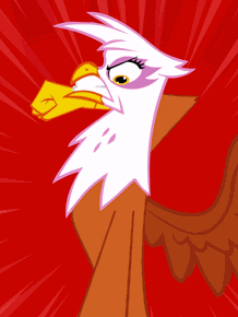 Size: 218x290 | Tagged: safe, artist:misterdavey, character:gilda, species:griffon, angry, animated, female, fist, gif, gilda wants you to shut up, grimdark source, implied abuse, implied pinkie pie, offscreen character, punch, rage, red background, simple background, solo, spread wings, wings, youtube link
