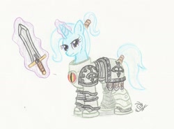 Size: 2018x1497 | Tagged: safe, artist:sensko, character:trixie, species:pony, species:unicorn, alternate hairstyle, armor, black legion, female, luna wolves, magic, mare, pencil drawing, ponytail, power armor, power sword, powered exoskeleton, solo, sons of horus, sword, tail wrap, telekinesis, traditional art, warhammer (game), warhammer 40k