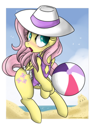 Size: 900x1200 | Tagged: safe, artist:pijinpyon, character:fluttershy, species:pegasus, species:pony, beach, beach ball, blushing, clothing, cloud, cute, female, hat, mare, one-piece swimsuit, open mouth, sand, shyabetes, sky, solo, spandex, swimsuit, water