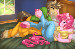 Size: 1500x981 | Tagged: safe, artist:kittehkatbar, character:pinkie pie, oc, species:anthro, species:unguligrade anthro, bed, bedroom, clothing, hooves, jeans, tickling, unshorn fetlocks