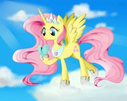 Size: 1000x800 | Tagged: safe, artist:vird-gi, character:fluttershy, species:alicorn, species:pony, alicornified, butterfly, cloud, cloudy, female, fluttercorn, race swap, solo