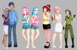 Size: 1800x1166 | Tagged: safe, artist:emberfan11, character:aloe, character:cherry jubilee, character:daring do, character:lotus blossom, character:night light, character:nurse redheart, character:twilight velvet, species:human, ship:nightvelvet, boots, choker, clothing, dark skin, ear piercing, earring, female, fingerless gloves, gloves, gray background, high heels, humanized, jewelry, kneesocks, male, piercing, shoes, shorts, simple background, skirt, socks, stockings, thigh highs, twins, zettai ryouiki