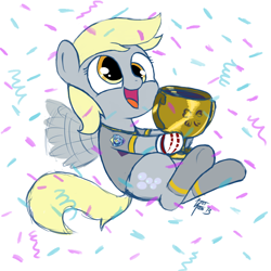 Size: 800x800 | Tagged: safe, artist:aa, character:derpy hooves, species:pegasus, species:pony, /mlp/, 4chan, 4chan babby cup, 4chan cup, babby cup, buzzing wings, clothing, confetti, cute, derpabetes, female, football, futbol, happy, jersey, mare, mvp, safest hooves, socks, solo, sports, trophy, victory, winner