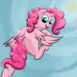 Size: 2000x2000 | Tagged: safe, artist:blindcoyote, character:pinkie pie, species:alicorn, species:pony, alicornified, flying, pinkiecorn, race swap, xk-class end-of-the-world scenario