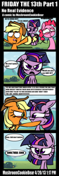 Size: 890x2645 | Tagged: safe, artist:mushroomcookiebear, character:applejack, character:pinkie pie, character:twilight sparkle, species:pony, species:unicorn, comic, female, friday the 13th, mare, panic, parody