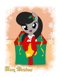 Size: 950x1200 | Tagged: safe, artist:jdan-s, character:octavia melody, species:earth pony, species:pony, box, christmas, clothing, cute, female, holly, leaning, looking at you, open mouth, pony in a box, present, smiling, socks, solo, tavibetes