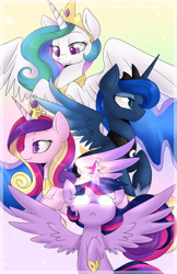 Size: 3300x5100 | Tagged: safe, artist:lustrous-dreams, character:princess cadance, character:princess celestia, character:princess luna, character:twilight sparkle, character:twilight sparkle (alicorn), species:alicorn, species:pony, :<, absurd resolution, alicorn tetrarchy, female, glowing eyes, glowing horn, magic, mare, raised hoof, smiling, spread wings, wings
