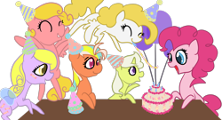 Size: 1300x700 | Tagged: safe, artist:otterlore, character:surprise, g1, baby frosting, best wishes, cake, g1 to g4, generation leap, party time, simple background, transparent background, yum yum
