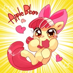 Size: 540x540 | Tagged: safe, artist:pasikon, character:apple bloom, species:earth pony, species:pony, adorabloom, blushing, bow, cute, female, filly, hair bow, happy, heart, looking at you, open mouth, pixiv, smiling, solo, squishy cheeks