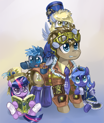 Size: 683x800 | Tagged: safe, artist:saturnspace, character:derpy hooves, character:doctor whooves, character:princess luna, character:star hunter, character:time turner, character:twilight sparkle, clockwise whooves, blep, book, clockpunk, clothing, cute, dress, filly, glasses, goggles, gritted teeth, hat, hug, jack harkness, ponified, pony hat, reading, smiling, tongue out, woona, younger