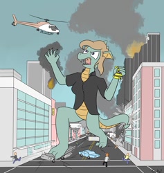 Size: 870x919 | Tagged: safe, artist:rapidstrike, oc, oc only, species:dragon, species:human, car, city, corey powell, destruction, fire, giant dragon, giantess, helicopter, macro, rampage
