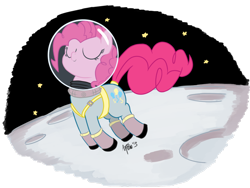 Size: 1024x768 | Tagged: safe, artist:aa, character:pinkie pie, species:earth pony, species:pony, astronaut, female, hopping, moon, solo, space, space suit