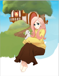 Size: 428x554 | Tagged: safe, artist:starshinebeast, character:angel bunny, character:fluttershy, barefoot, clothing, ear piercing, earring, feet, fluttershy's cottage, humanized, jewelry, long skirt, looking at you, piercing, skirt, sweater, sweatershy, wip