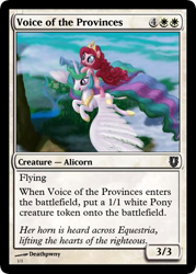 Size: 375x523 | Tagged: safe, artist:deathpwny, character:pinkie pie, character:princess celestia, accessory swap, card, female, flying, lesbian, magic the gathering, pinkielestia, ponies riding ponies, riding, shipping