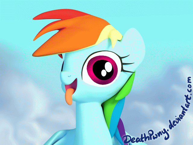 Size: 640x480 | Tagged: safe, artist:deathpwny, character:rainbow dash, species:pegasus, species:pony, 3d, adoracreepy, animated, blender, blender cycles, cloud, creepy, cute, cycles, dashabetes, female, flapping, flying, gif, licking, looking at you, mare, open mouth, silly, silly pony, sky, smiling, solo, tongue out