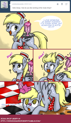 Size: 642x1109 | Tagged: safe, artist:pijinpyon, character:derpy hooves, species:pegasus, species:pony, apron, ask, clothing, female, hat, mare, soda shop derpy, tumblr, waitress