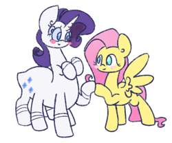 Size: 600x500 | Tagged: safe, artist:otterlore, character:fluttershy, character:rarity, ship:rarishy, blushing, cute, drider, eye contact, female, friends, hoofbump, lesbian, monster pony, original species, shipping, simple background, smiling, species swap, spider, spiderpony, spiderponyrarity, spread wings, wat, white background, wings