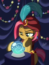 Size: 550x722 | Tagged: safe, artist:elslowmo, artist:zajice, character:babs seed, species:pony, bipedal, crystal ball, female, fortune teller, romani, solo, table