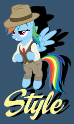 Size: 2700x4534 | Tagged: safe, artist:moongazeponies, artist:tygerbug, character:rainbow dash, species:pegasus, species:pony, g4, caption, clothing, costume, female, hat, mare, necktie, photoshop, poster, rainbow dash always dresses in style, solo, stylin', vector, vest