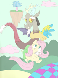 Size: 1633x2207 | Tagged: safe, artist:estrill, character:angel bunny, character:discord, character:fluttershy, ship:discoshy, female, male, shipping, straight