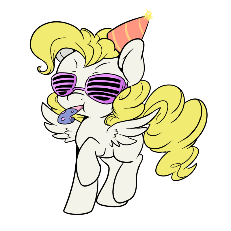 Size: 800x800 | Tagged: safe, artist:lustrous-dreams, character:surprise, species:pegasus, species:pony, g1, :t, animated, ask, ask-filly-pinkie-and-surprise, clothing, cute, dancing, featured on derpibooru, female, filly, g1 to g4, generation leap, gif party, hat, mouth hold, party hat, party horn, prancing, raised hoof, raised leg, shutter shades, simple background, smiling, solo, spread wings, white background, wings