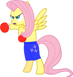 Size: 1299x1356 | Tagged: safe, artist:totallynotabronyfim, character:fluttershy, species:pony, bipedal, boxing, boxing gloves, clothing, female, mouth guard, shorts, solo