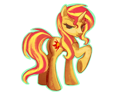 Size: 500x385 | Tagged: dead source, safe, artist:cosmicunicorn, character:sunset shimmer, species:pony, female, looking at you, looking back, raised hoof, simple background, solo