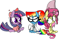 Size: 1225x818 | Tagged: safe, artist:mushroomcookiebear, character:fluttershy, character:rainbow dash, character:twilight sparkle, andrea libman, ashleigh ball, dragon ball, johnny test, mary test, tara strong, the fairly oddparents, timmy turner, voice actor joke, young chi-chi