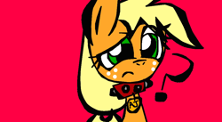 Size: 920x504 | Tagged: safe, artist:mushroomcookiebear, character:applejack, collar, dog collar, female, pet, pet tag, question mark, simple background, solo