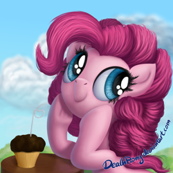 Size: 1024x1024 | Tagged: safe, artist:deathpwny, character:pinkie pie, species:pony, bust, cloud, cute, diapinkes, female, muffin, solo, straw