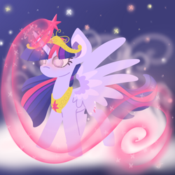 Size: 900x900 | Tagged: safe, artist:otterlore, character:twilight sparkle, character:twilight sparkle (alicorn), species:alicorn, species:pony, crown, element of magic, female, magic, mare, necklace, solo, spread wings, stars, wings