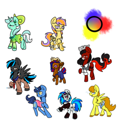 Size: 1280x1280 | Tagged: safe, artist:otterlore, character:dj pon-3, character:lyra heartstrings, character:night light, character:vinyl scratch, oc, bicolor swimsuit, bow, clothing, collar, crossdressing, dress, earring, goggles, hat, jacket, libra, male, necktie, one-piece swimsuit, piercing, pink swimsuit, request, scale, shorts, simple background, suit, swimsuit, toga, trap, vest, white background