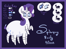 Size: 1200x900 | Tagged: safe, artist:otterlore, character:rarity, eyes, female, monster pony, original species, pose, reference sheet, solo, species swap, spider, spiderpony, spiderponyrarity