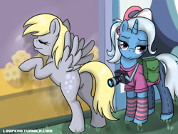 Size: 1250x938 | Tagged: safe, artist:pijinpyon, character:derpy hooves, character:trixie, species:pegasus, species:pony, against glass, alternate hairstyle, baseball cap, camera, clothing, female, hat, jeans, leg warmers, mare, muffin, plot, ponytail, that pony sure does love muffins