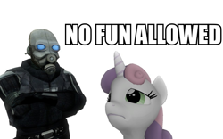 Size: 960x600 | Tagged: safe, artist:pinkie diane roosevelt phd, character:sweetie belle, 3d, civil protection, combine, gmod, half-life, half-life 2, metrocop, no fun allowed, reaction image
