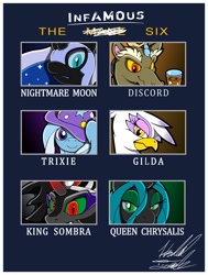 Size: 754x1000 | Tagged: safe, artist:fuzon-s, character:discord, character:gilda, character:king sombra, character:nightmare moon, character:princess luna, character:queen chrysalis, character:trixie, species:griffon, antagonist, chocolate milk, looking at you, portrait, sonic the hedgehog (series), style emulation, yuji uekawa style