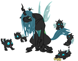 Size: 1112x882 | Tagged: safe, artist:elslowmo, artist:nobody, character:queen chrysalis, parent:queen chrysalis, species:changeling, changeling queen, cute, cutealis, cuteling, exhausted, female, mommy chrissy, nymph, offspring, tired, toy, toy train