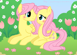 Size: 1802x1292 | Tagged: safe, artist:jaquelindreamz, character:fluttershy, species:pegasus, species:pony, blushing, butterscotch, female, flutterscotch, male, rule 63, selfcest, shipping, straight