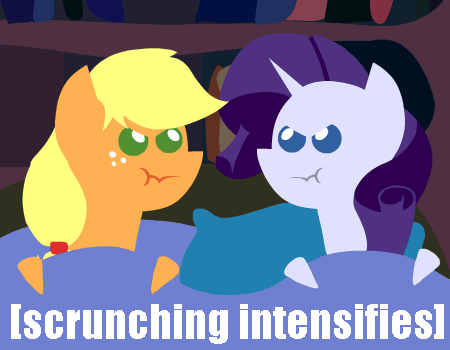 Size: 450x350 | Tagged: safe, artist:mrponiator, character:applejack, character:rarity, species:earth pony, species:pony, species:unicorn, episode:look before you sleep, g4, my little pony: friendship is magic, animated, descriptive noise, female, looking at each other, mare, pointy ponies, scrunch battle, scrunching, scrunchy face, vibrating, what i learned today, x intensifies