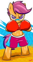 Size: 508x950 | Tagged: safe, artist:slypon, character:scootaloo, species:pegasus, species:pony, bipedal, boxer, boxing gloves, clothing, female, filly, shorts, solo, sweat