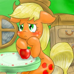 Size: 500x500 | Tagged: safe, artist:wonton soup, character:applejack, apple, crying, female, food, indoors, sitting, solo