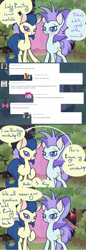 Size: 823x2388 | Tagged: safe, artist:otterlore, character:pinkie pie, character:powder rouge, ask, assistants, comic, fabric, forest, implied rarity, roxie, roxie rave, spiderponyrarity, tree, tumblr