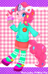 Size: 519x800 | Tagged: safe, artist:divided-s, character:pinkie pie, species:pony, askharajukupinkiepie, bipedal, bow, clothing, cupcake, divneues, female, food, hair bow, harajuku, solo