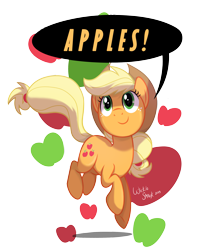 Size: 2641x3289 | Tagged: safe, artist:wicklesmack, character:applejack, apple, dialogue, female, food, jumping, looking up, one word, solo, speech bubble, that pony sure does love apples