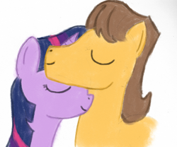 Size: 800x667 | Tagged: safe, artist:tggeko, character:caramel, character:twilight sparkle, ship:caralight, eyes closed, female, male, neck nuzzle, nuzzling, shipping, smiling, straight