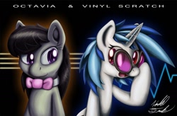 Size: 1400x917 | Tagged: safe, artist:fuzon-s, character:dj pon-3, character:octavia melody, character:vinyl scratch, heterochromia, red eyes
