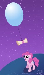 Size: 689x1160 | Tagged: safe, artist:yokokinawa, character:pinkie pie, species:earth pony, species:pony, balloon, female, happy, letter, looking up, mare, night, scroll, stars