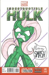 Size: 800x1212 | Tagged: safe, artist:ponygoddess, character:fluttershy, cover, crossover, dialogue, hilarious in hindsight, parody, speech bubble, the incredible hulk, traditional art